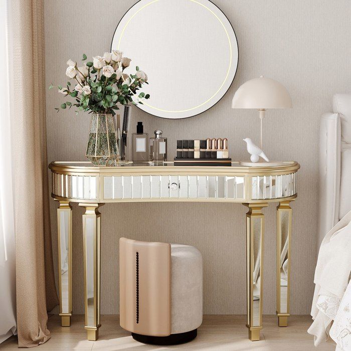 Console miroir demi-lune 120 cm EVRYAE avec tiroir MDF et verre doré et argenté