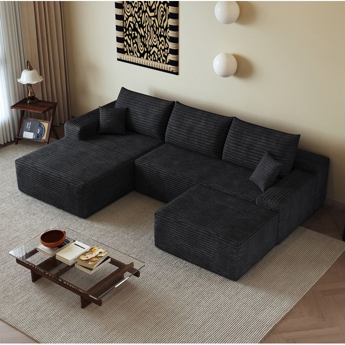 Canapé dAngle Modulaire 4 Places Méridienne en L Réversible sans Montage Assise Profonde Tissu Noir 270 × 175 × 83 cm