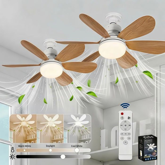 2Pcs Ventilateur de Plafond avec Lumière et Telecommande LED 40W E27 Lampe Ventilateur 3 Vitesses Silencieux pour Salon Chambre