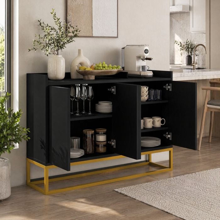 Buffet bas 4 portes sans poignée noir avec étagères réglables structure métal MDF 120 x 30 x 80 cm VEVXYN