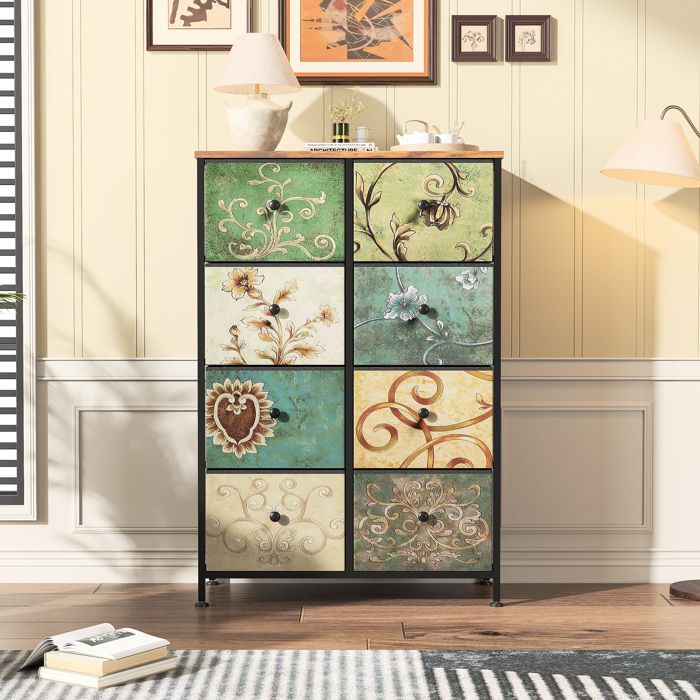 Commode 8 tiroirs en tissu meuble de rangement vintage pour chambre salon ou entrée structure en bois meuble dappoint pratique