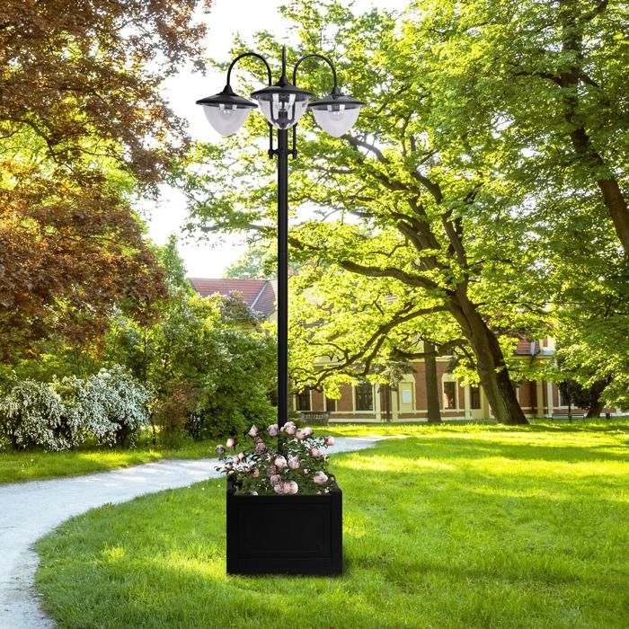 Lampadaire de jardin solaire – lanterne extérieure 3 têtes – noir – IP44 – socle pot de fleurs