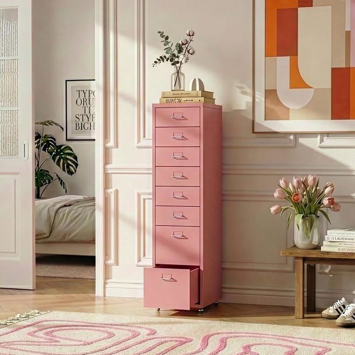Caisson de bureau à 8 tiroirs - roulant en acier avec porte-étiquettes organisateur de documents 109 x 28 x 41 cm rose