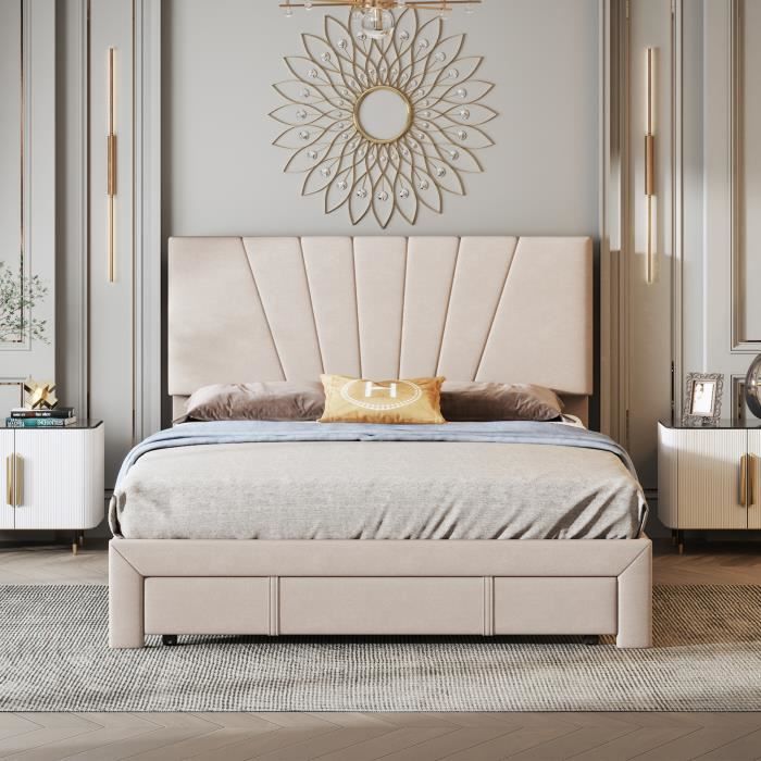 Lit Double 140x190 Avec Tiroirs - Tête Capitonnée, LED, Ports USB, Sans Matelas