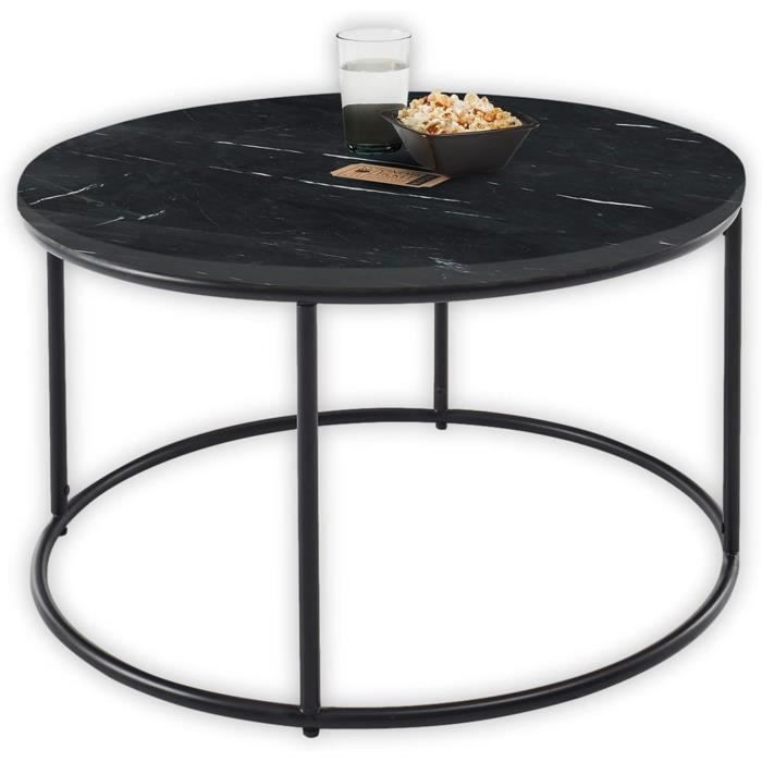 basse belfort ronde noir avec structure en métal table de salon moderne avec plateau en marbre de qualité supérieure, 80 x 46[d1394]