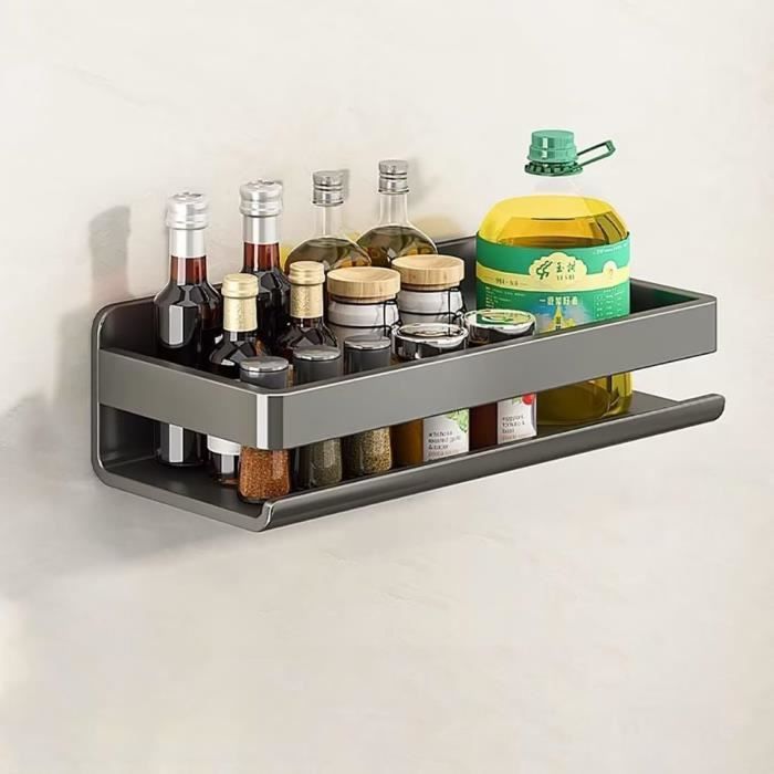 Étagère Murale Pour épices En Aluminium 50 Cm (30/40/50 Cm Dispo) - Profondeur 13.5 Cm, Avec 5 Crochets Et Barre - Fixation Perçage Ou Adhésif