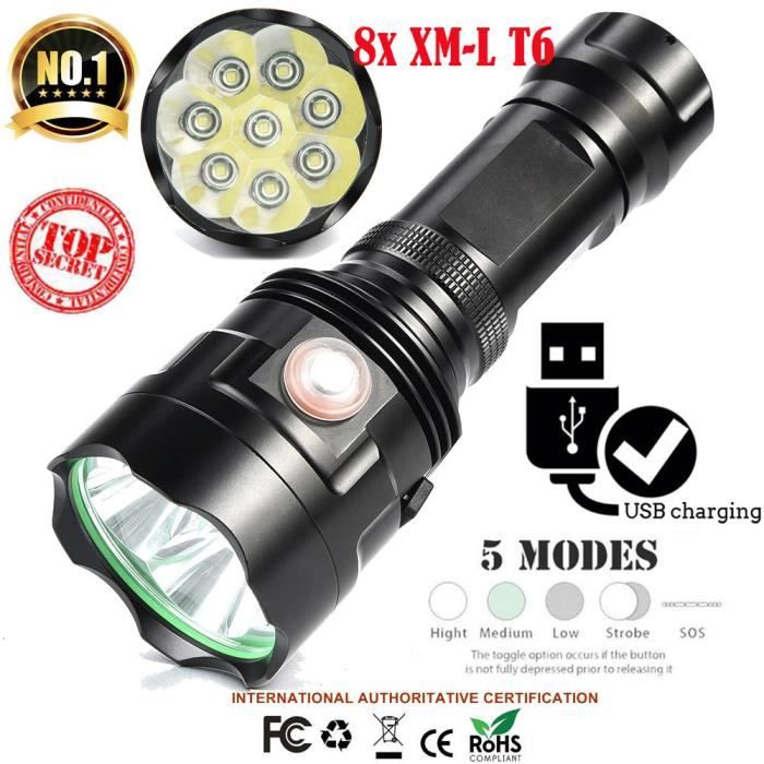 Gade koste Penneven 8x XM-L T6 LED Lampe de poche 5 Modes 26650-18650 Camping Lampe torche  Lumière @whicloud5003 - Cdiscount Bricolage