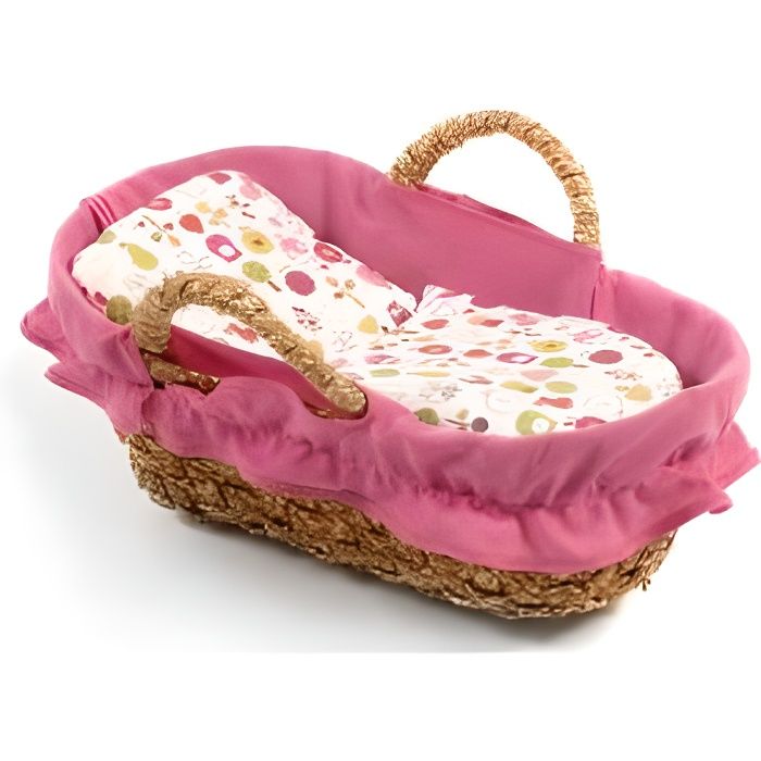 Couffin osier pour poupon 36 cm garni rose oreiller couverture