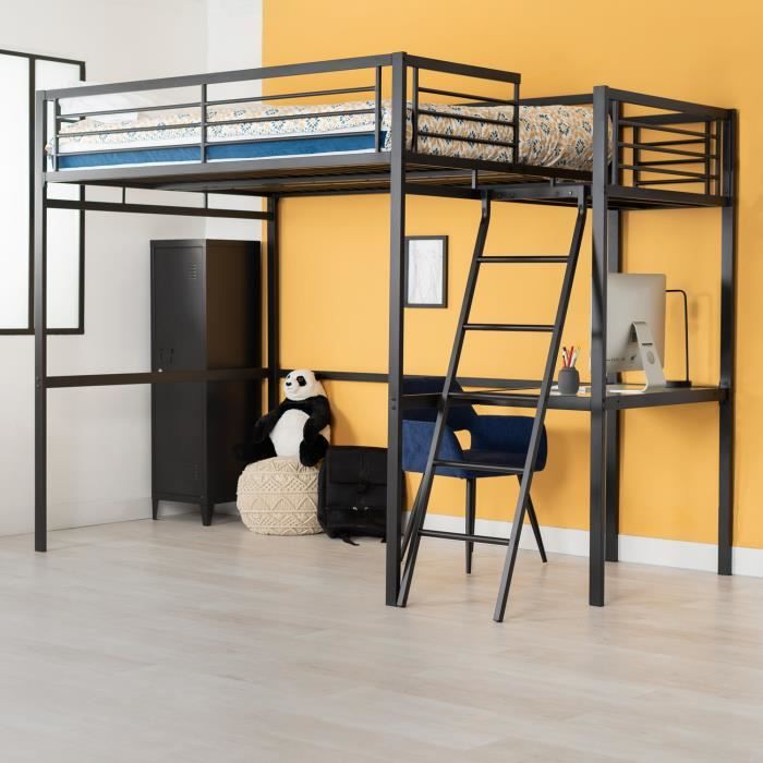 lit mezzanine adulte/enfant en métal noir avec bureau - meubles cosy - home - 140x190cm