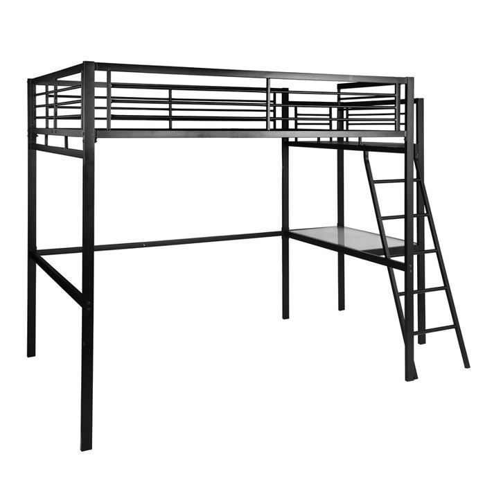 meubles cosy lit mezzanine adulte en noir metal laque epoxy avec bureau sommier a lattes 140x190cm matelas non inclus cdiscount maison