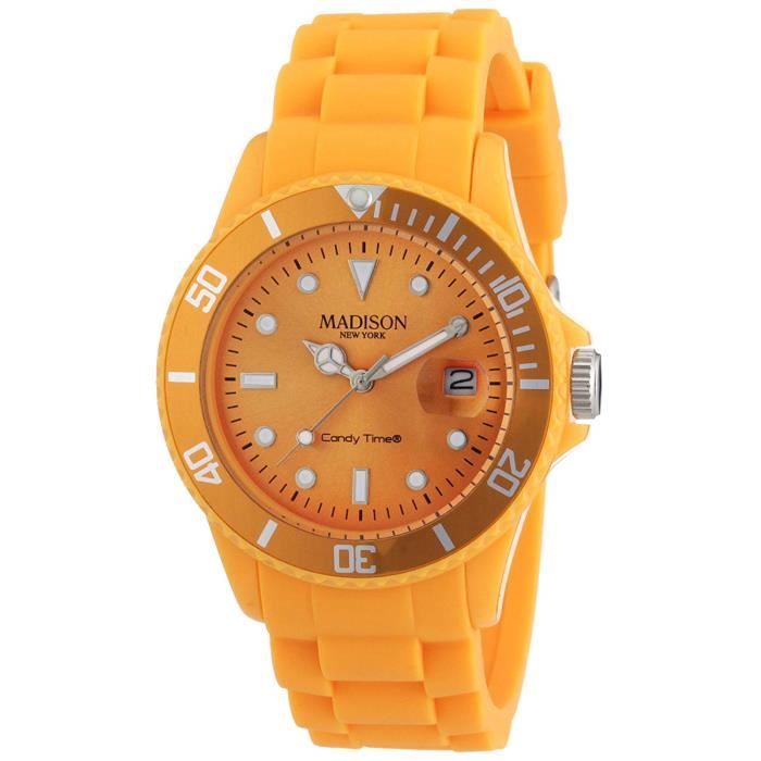 madison new york - sl4167po - montre mixte - quartz analogique - cadran orange - bracelet silicone orange