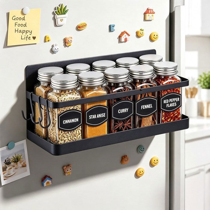 Étagère Magnétique Pour Réfrigérateur Avec Plateau Bois - 2 Pièces, Support 10 Kg - Porte-épices Et Fruits - 6