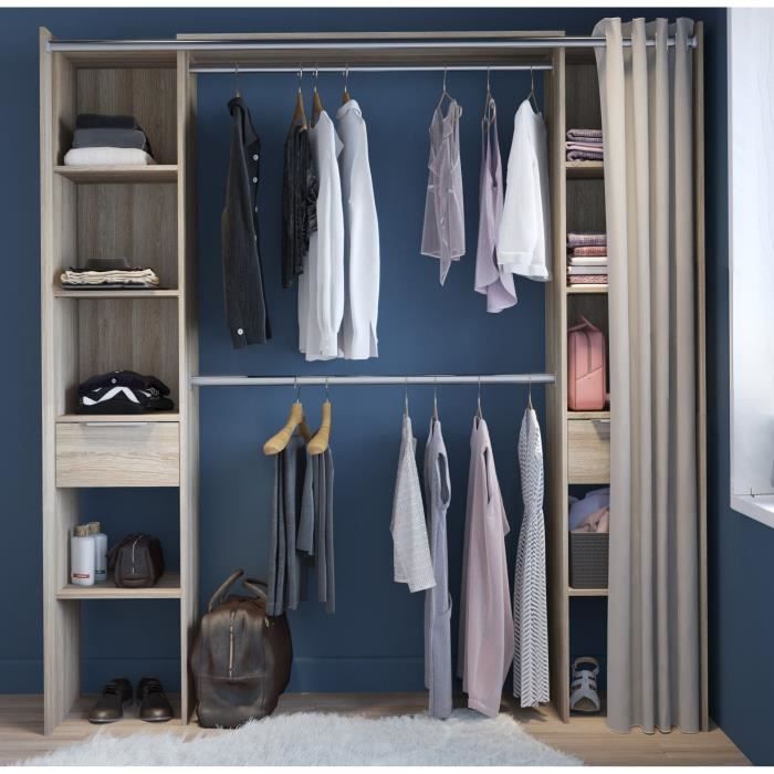Dressing double extensible - Décor chêne + rideau - DANA - L 115/190 x P 50 x H 203 cm - DEMEYERE