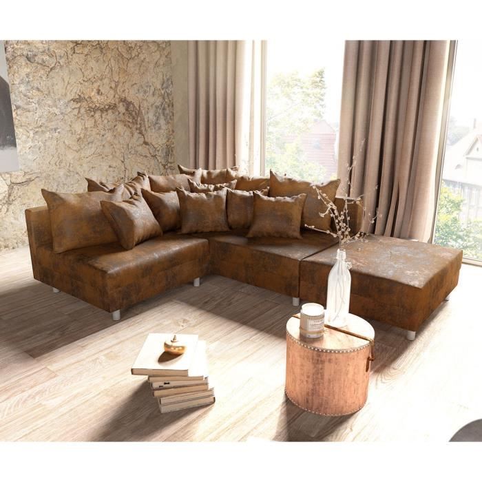 Canapé-angle Clovis marron aspect antique avec tabouret ottoman droite canapé