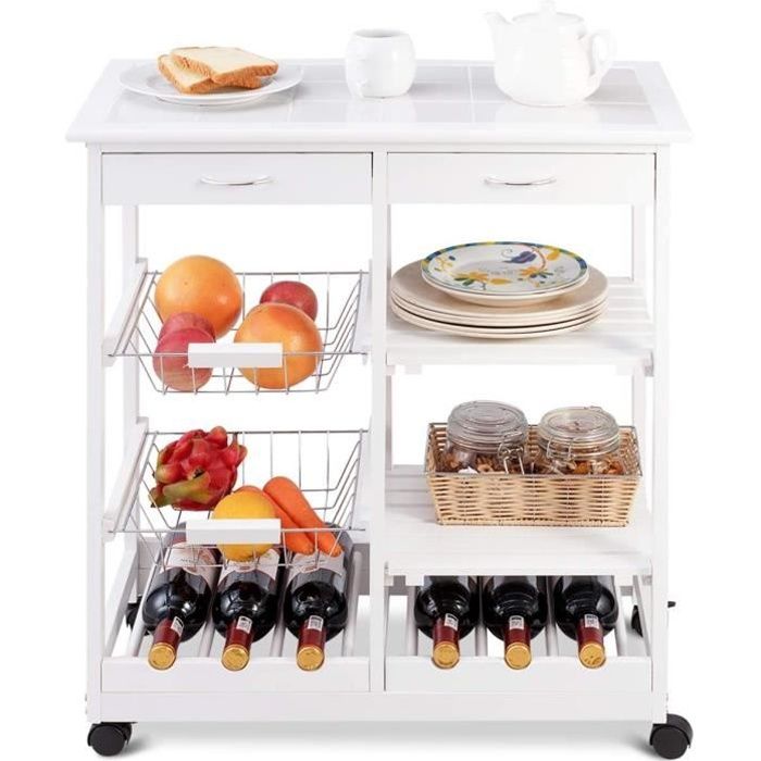 giantex desserte de cuisine à roulettes en bois - chariot de service avec 2 tiroirs +2 paniers +2 étagères à vin,blanc