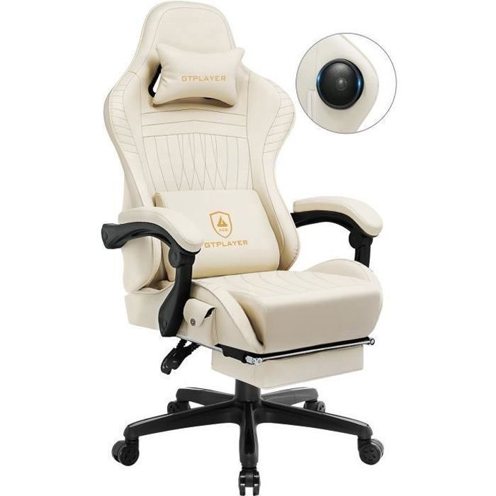 Chaise gaming - GTPLAYER - Chaise bureau avec repose-pied (Ivoire) - Haut-parleur Bluetooth - Accoudoirs synchronisés