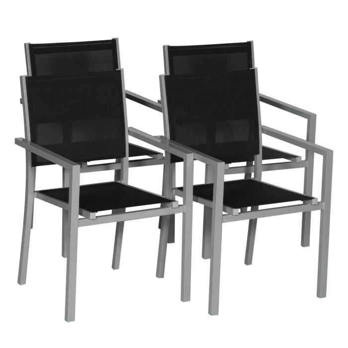 Lot de 4 chaises de jardin en textilène et aluminium - HAPPY GARDEN - Gris/Noir - Empilables