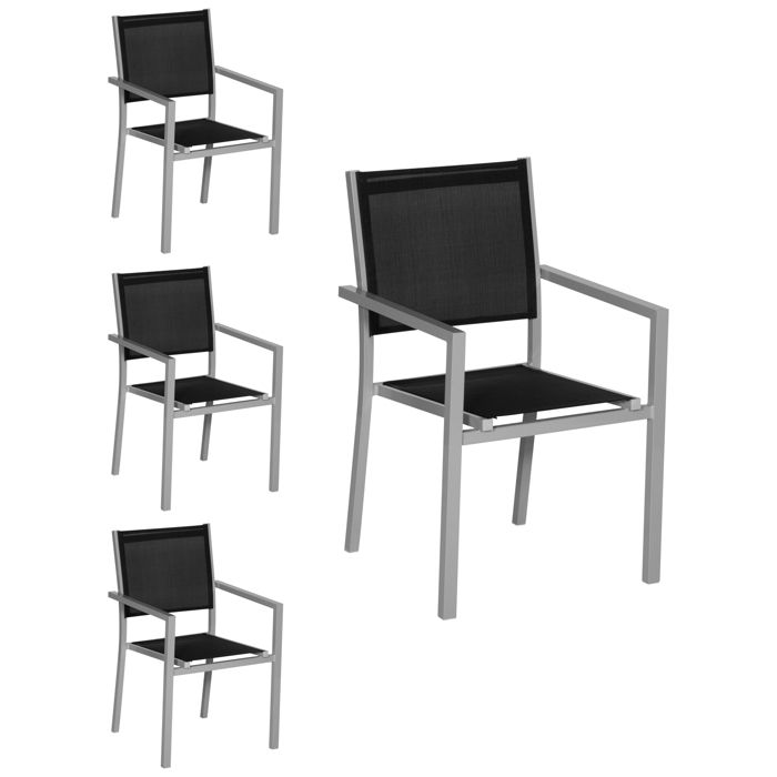 Lot de 4 chaises en aluminium gris - textilène noir Lot de 4 chaises en aluminium gris - textilène noir