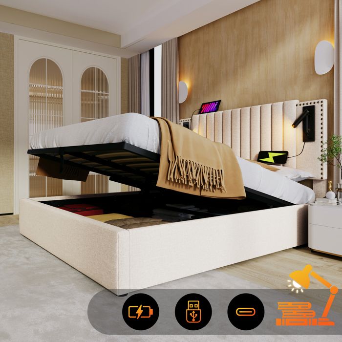Lit Double Rembourré Avec Fonction De Chargement, LED Et 4 Tiroirs, Blanc (avec Matelas), 160x200 Cm