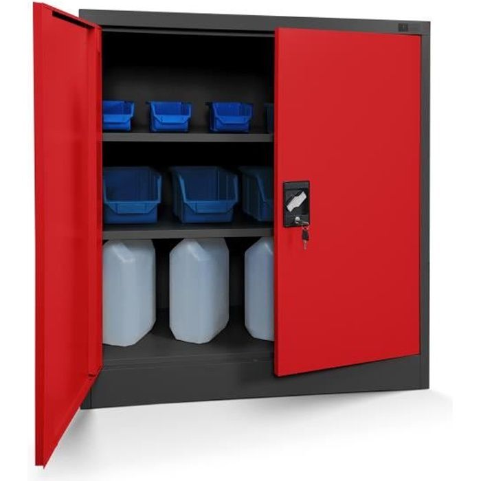 Petit Armoire de Bureau Métallique C001 Verrouillable 2 tablettes Manteau en poudre 925 cm x 90 cm x 40 cm Anthracite-Rouge