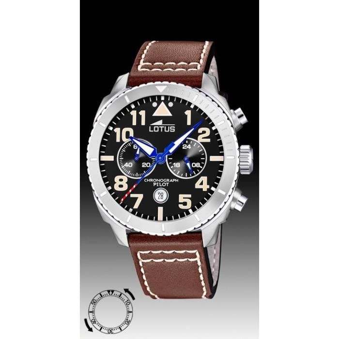 montre cadran noir bracelet marron