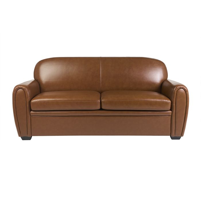 Miliboo - Canapé convertible vintage 3 places cuir marron et bois noir avec matelas 9 cm CLUB