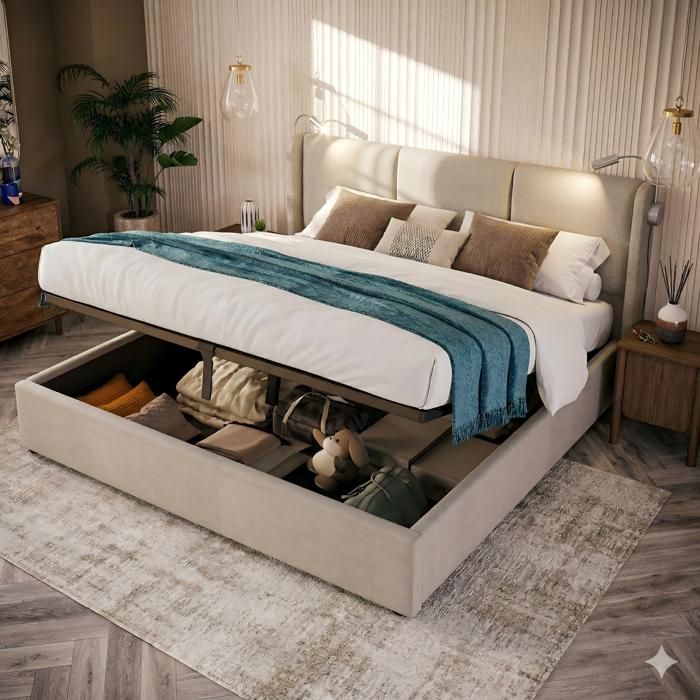 Lit coffre 160x200 cm avec sommier à lattes lampes de lecture et ports USB tissu en lin beige