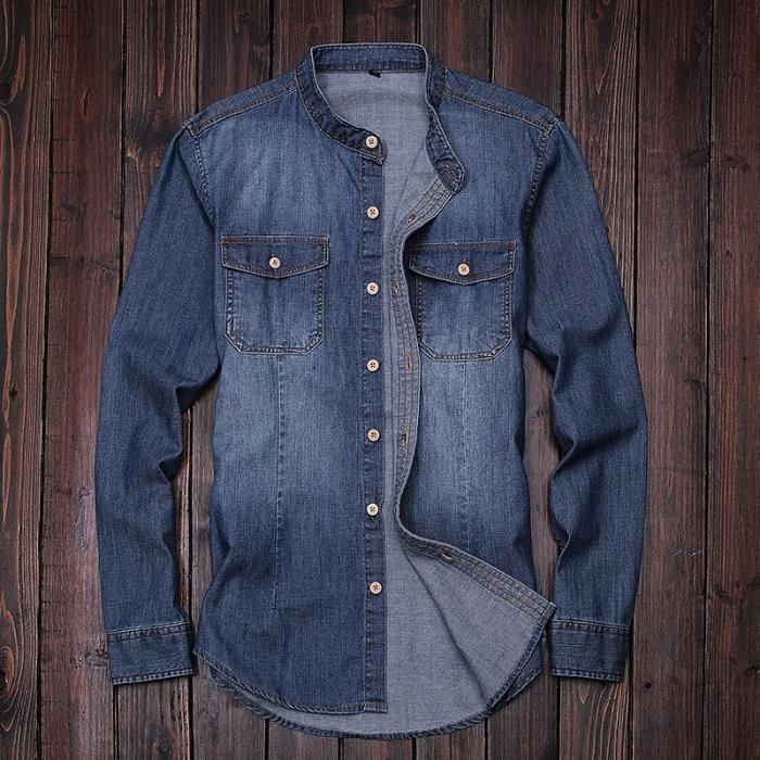 Chemise Col Mao Homme Denim Manche Longue Casual Pour Homme Couleur Unie  Marque Luxe Coton Chemise Slim Fit Homme Bleu foncé - Cdiscount  Prêt-à-Porter