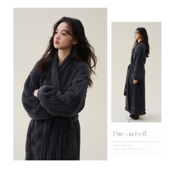 Robe De Chambre Femme En Peluche Col V Manches Longues Confortable Doux Chaud Hiver Couleur Unie 