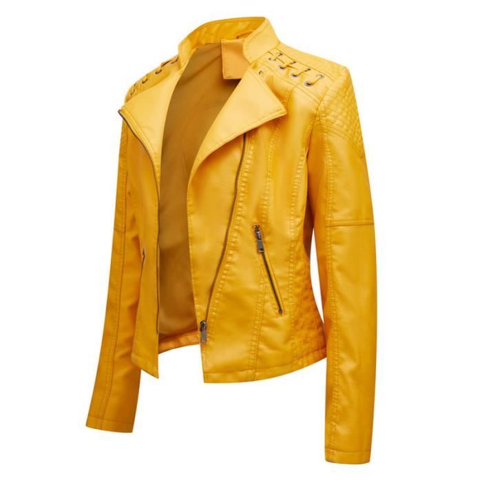Blouson Femme en Cuir Mode Casual Couleur unie Confortable Veste en Cuir PU Printemps Automne Marque Luxe Veste Femme Jaune Cdiscount Pret a Porter