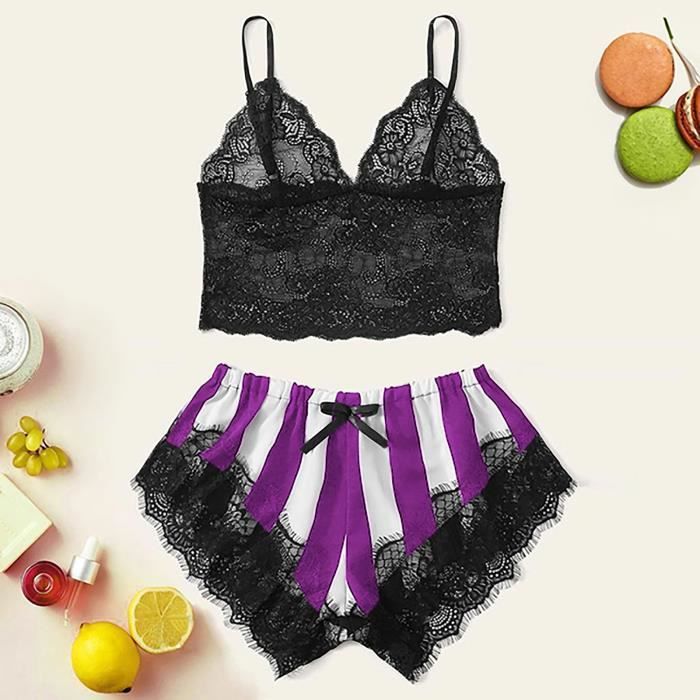 Ensemble 2 Pièces Femme : Haut Caraco Dos Nu Dentelle + Mini Jupe Froncée Asymétrique, Taille S/M/L, Polyester