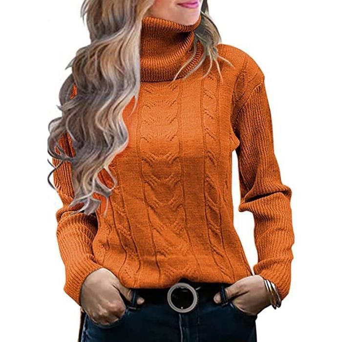 Sous Pull Femme Col Roule en Tricot Automne Hiver Pullover Chaud Epais Manches Longues Couleur Unie Orange