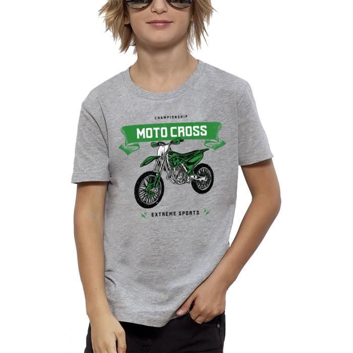 T-shirt enfant Moto Cross verte - PIXEL EVOLUTION - Manches courtes - Coton bio - Gris chiné