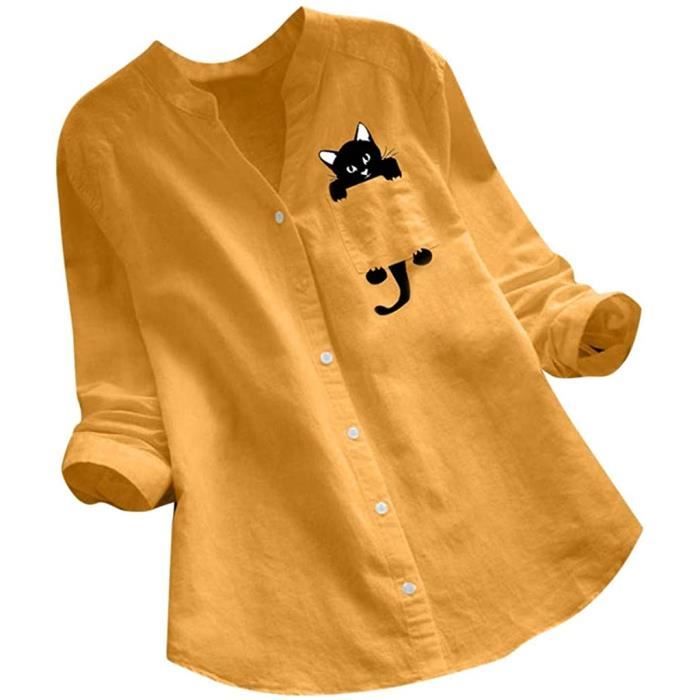 Chemisier Imprim Femmes Manches Longues Chat Coton Casual Lin