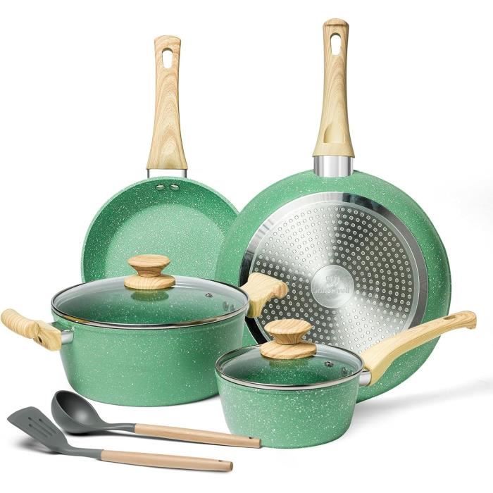 Set Poêles Et Casseroles 10 Pièces Bobikuke - Revêtement Antiadhésif Pierre Granit Blanc Induction