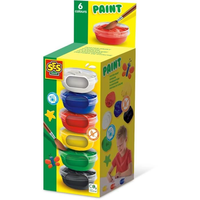 Gouache 6x45ml SES CREATIVE Six couleurs : et jaune.