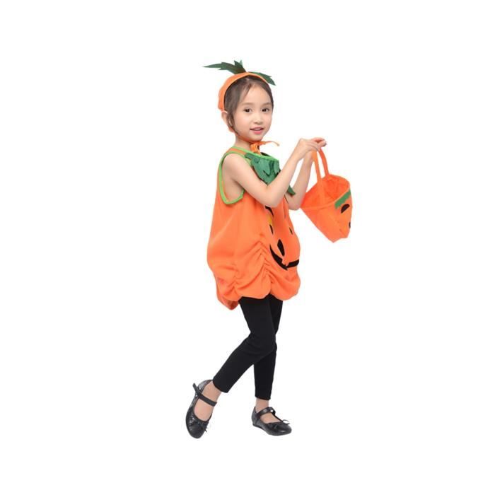 Costume D'Halloween Enfant Citrouille 3 Pièces - Avec Chapeau Et Sac à Bonbons - Tailles 100 à 130 Cm