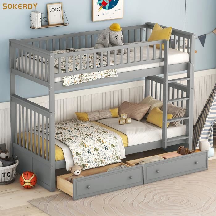 lits superposés enfants sokerdy - 90x200cm - fonctionnels avec tiroirs - convertibles - gris