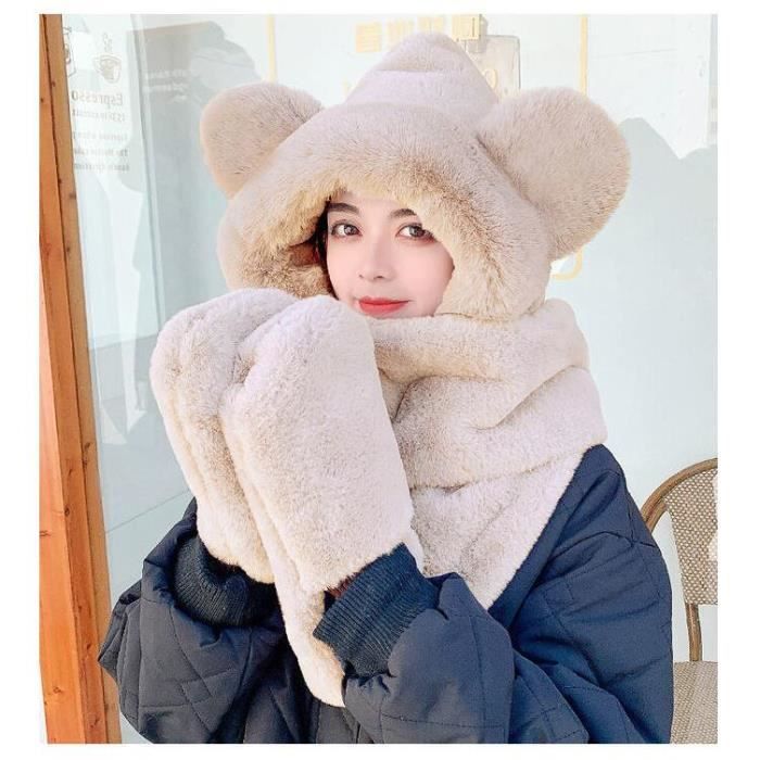 Femmes Chapeau à capuche d'hiver Cou Gants plus chauds Peluche Épais Chaud  Foulard à capuche avec poches pour l'hiver en plein air