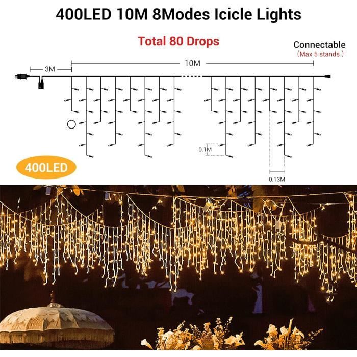 BLOFUN Guirlande Lumineuse Extérieure 10M 400 LED Rideau Lumineux Noël avec  É