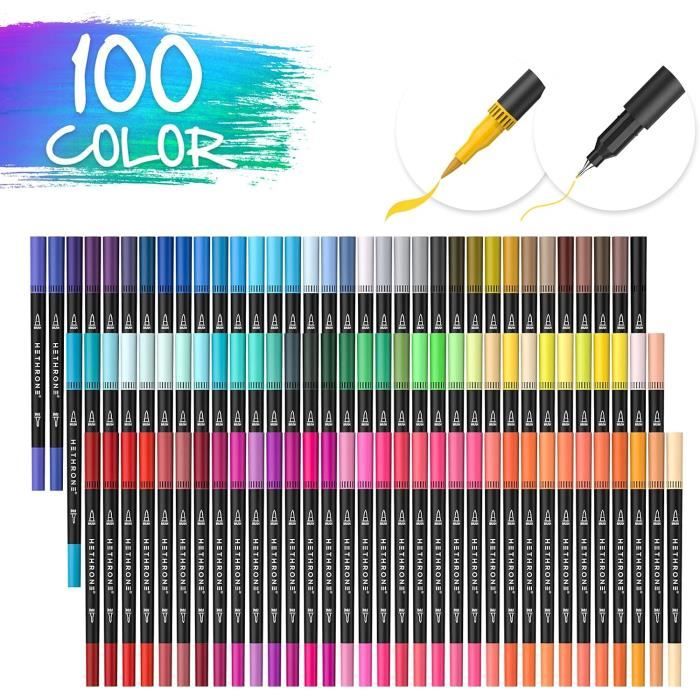Feutres Coloriage Adulte 100 Couleurs - Double Pointe Aquarelle - Pour Mandalas, Dessin, Cadeau