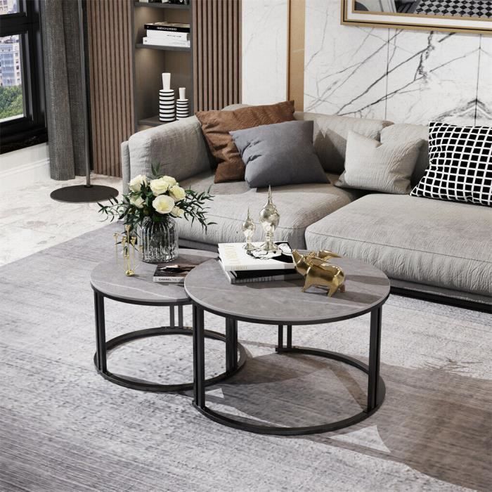 Lot 2 Tables Basses Rondes Gigognes Effet Marbre – Tables Salon Empilables Métal Doré, 80 Cm + 60 Cm, Style Élégant Petit Espace