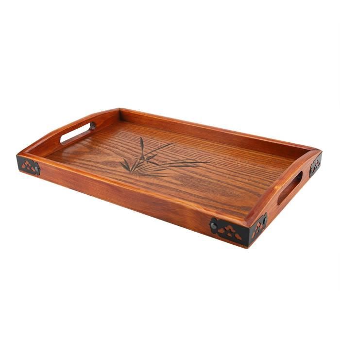 Grand Plateau Service Bois Naturel Laqué 40x30x5,5 Cm - Wooden World Avec Poignées