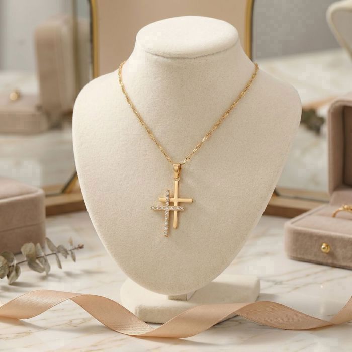Chaîne Pendentif Croix En Métal Doré Et Argenté Avec Cristal - Neuf Avec étiquettes