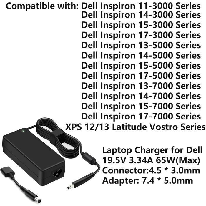 Chargeur 65W/45W Cluvox Pour Ordinateur Portable Dell – Compatible Inspiron, Latitude, Vostro, XPS (19,5V 3,34A)