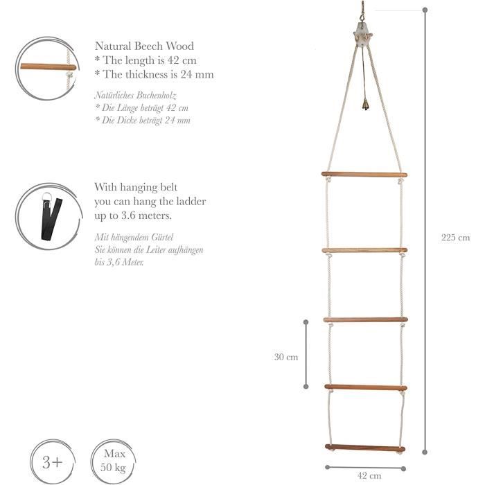 Échelle de corde avec 5 marches en bois pour balançoire - 200 cm