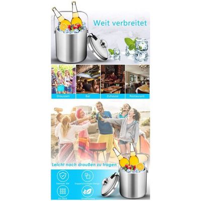 Seau à Glace 1.3L Acier Inox 304 – Double Paroi, Couvercle, Pince & Égouttoir, Rafraîchisseur Champagne & Cocktails, Pour Fêtes & Barbecues