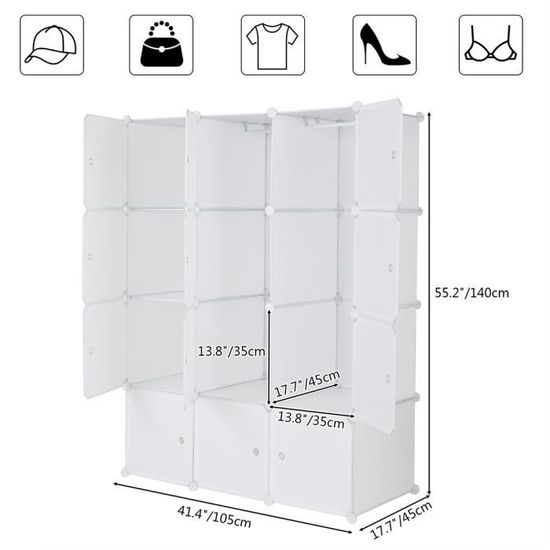 HOMCOM Armoire Penderie Cube Multi-Rangements Armoire de Rangement Modulable 11 Cubes avec Portes 2 Barres de Penderie pour Vêtements Jouets Noir