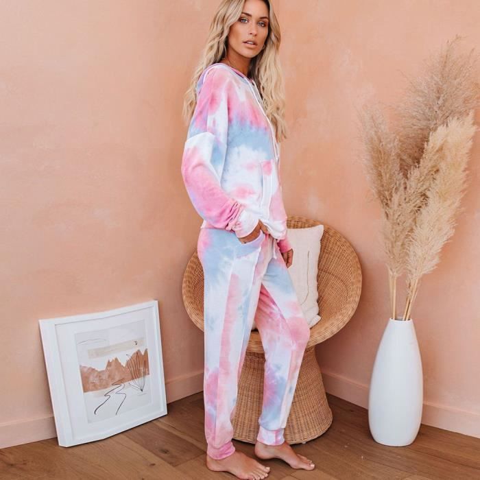 Ensemble survetement femme 2 pieces a capuche tie dye Rose Melange de coton Rose Cdiscount Pret a Porter