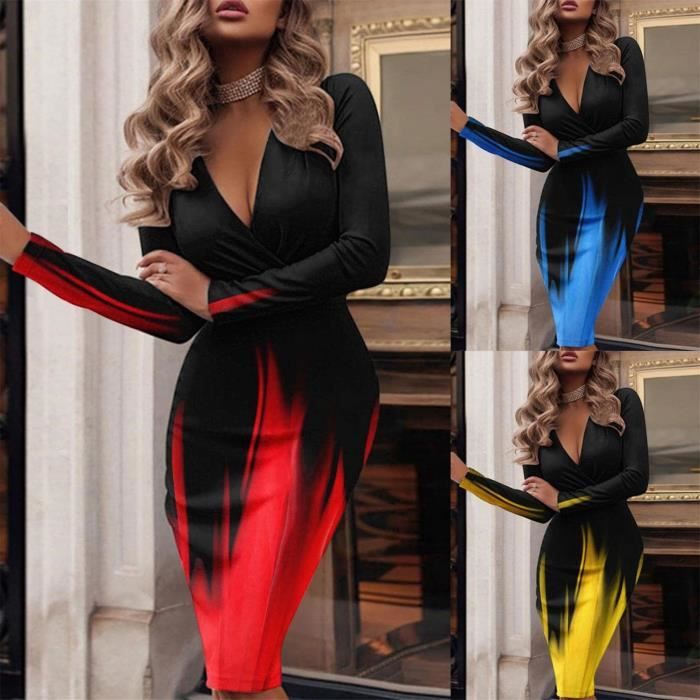 Femmes Sexy Midi Robe Longue Profonde V A Manches Longues Equipee Bureau Travail Crayon Robes Plaid Imprimer Soiree Clubwear Jaune Jaune Cdiscount Pret a Porter